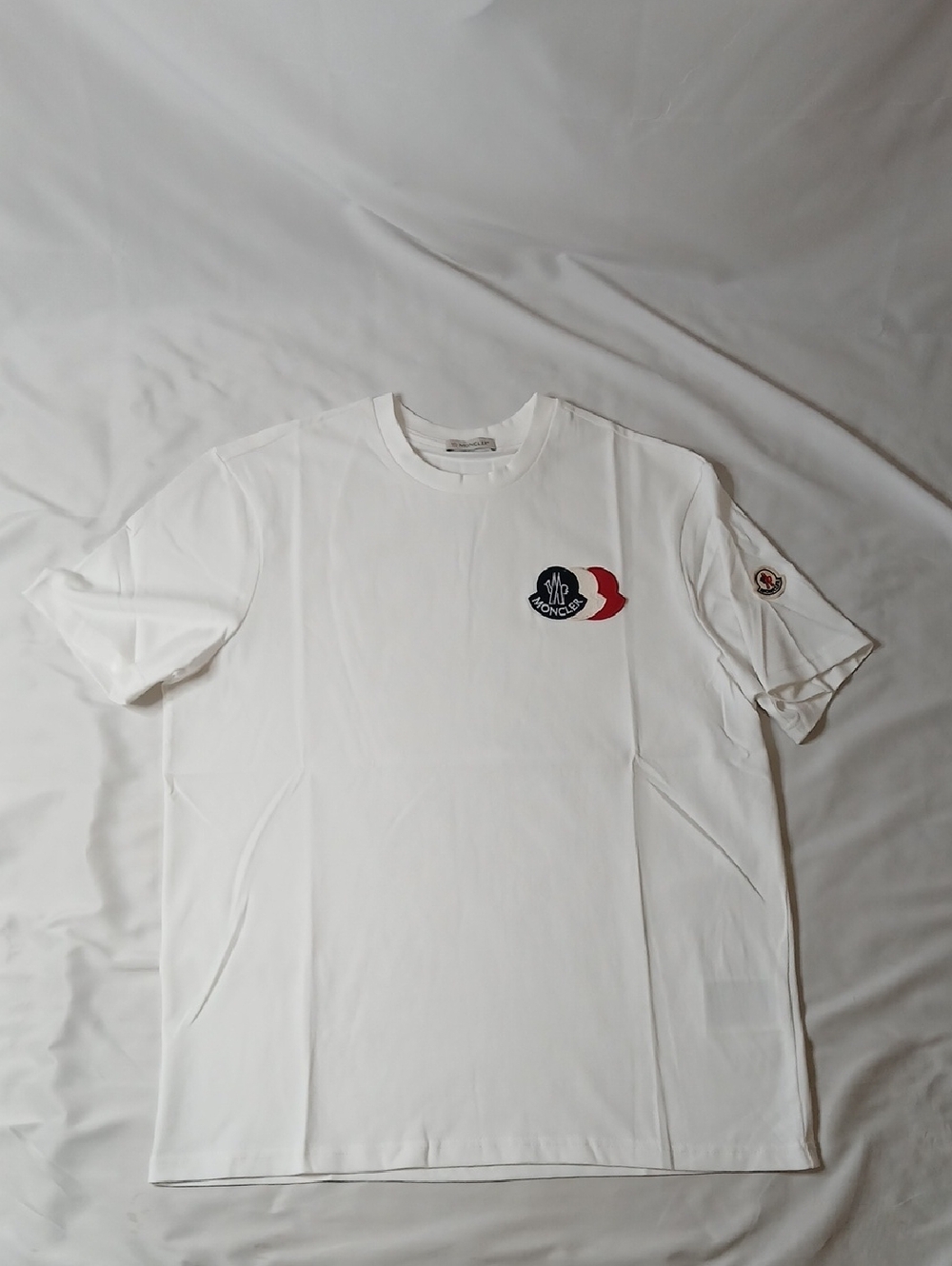 Moncler White Crewneck T-Shirt with Tricolor Logo Patch